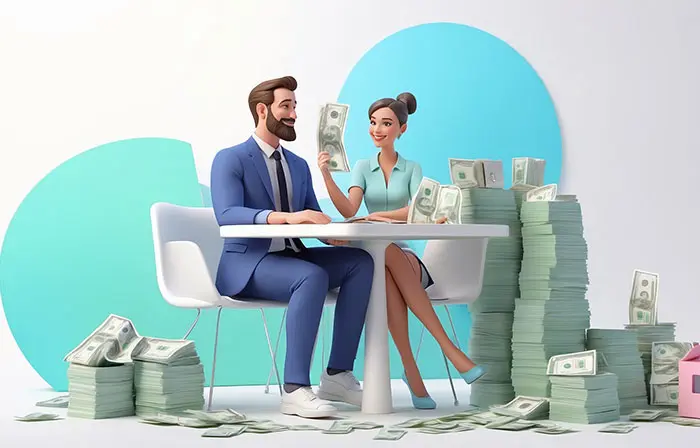 Man and Woman Sit at Des with a Lot of Money Around Them 3D Character Illustration